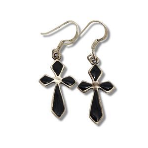 Black Jet Bezel Set Sterling Silver 925 Cross dangle pierced earrings